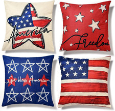 Patriotic Decor-Throw Pillow Covers 18X18 in Set of 4,4Th of July Linen Pillow C