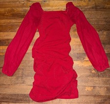 Women Red Ruched Bodycon Mini Dress Long Sleeve Square Neck Size Small