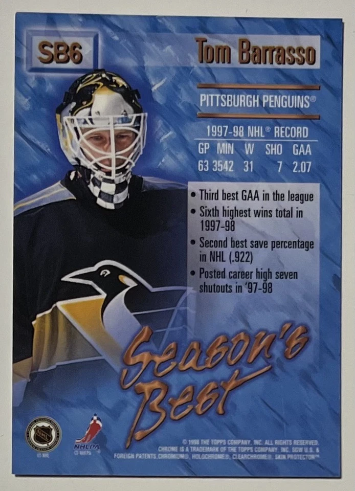 Tom Barrasso 1998-99 O-Pee-Chee Chrome Season’s Best Net Minders #SB6 - Image 2 of 2