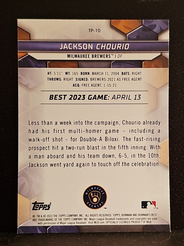 3 Cartes Bowman's Best Jackson Chourio 2023 #TP-10 - Rookie Milwaukee Brewers