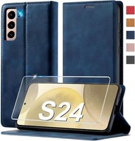 Samsung Galaxy S24 HandyhüLle Leder Flip Wallet Cover + Schutzfolie Blau