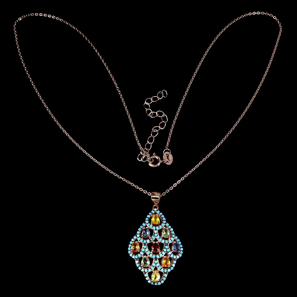 925 Argento Sterling Collana Pera Zaffiro Multicolore Gemma Gioielli - Immagine 3 di 4