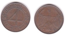 4 Pfennig Kupfer M&uuml;nze Weimarer Republik 1932 A "Br&uuml;ning Taler" (113956)