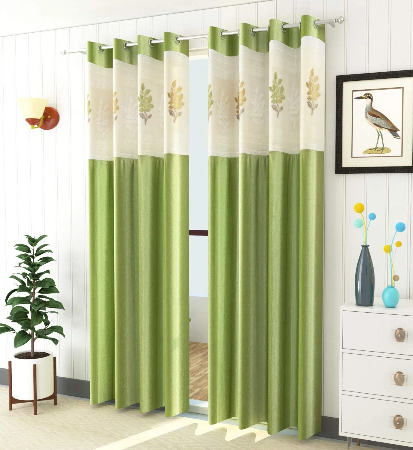 Ensemble De Rideaux De Porte Premium En 2 Pièces Avec Filet Floral 7 Pieds Vert