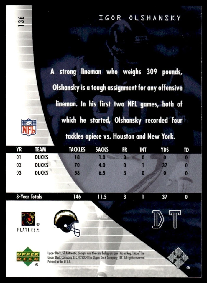 2004 SP Authentic Igor Olshansky Rookie 0931/1199 San Diego Chargers #136 R20 - Image 2 of 2