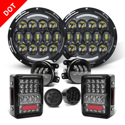 For Jeep Wrangler JK JKU LED Tail Lights 7'' Halo Headlights Fog Turn Lamps Combo