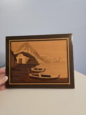 Art. Decor Italy Inlaid Wood Works Mountain Scene Boats 7''×9'' Wall Hanging