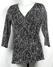 Coldwater Creek Black & White Leaf Print Poly Mesh Surplice Shirt M Made in USA