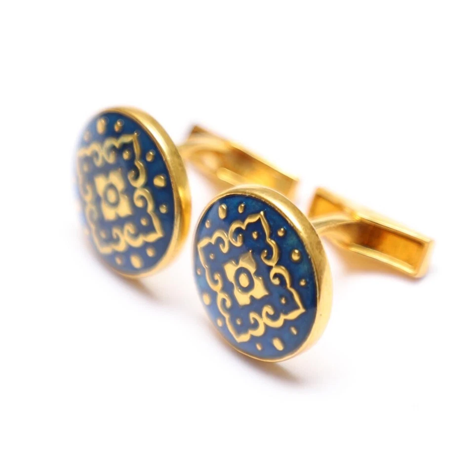 Gemelos de aniversario redondos chapados en oro esmalte azul floral de plata de ley 92,5 Foto 3 de 4