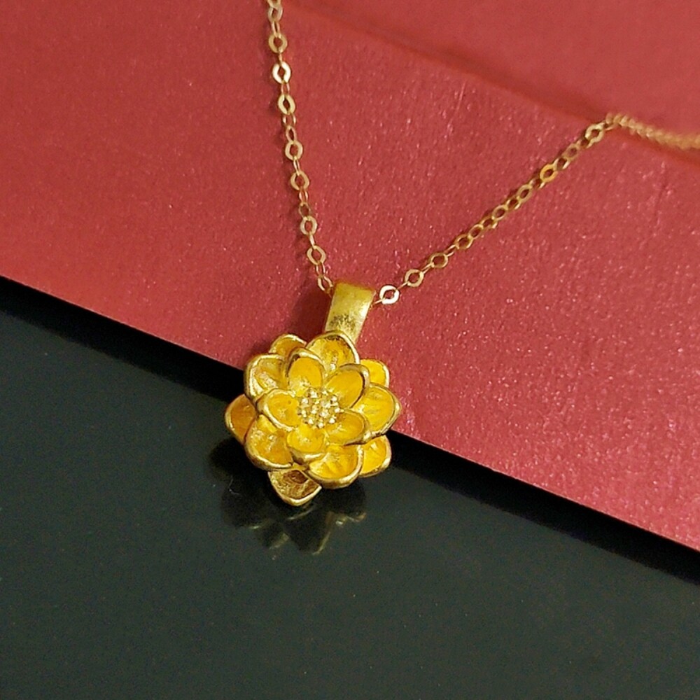 New Real 999 24K Yellow Gold Lucky Lotus Flower Woman Pendant 1PCS