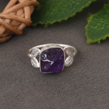 Leaf Textured Sterling Silver Ring With Natural Healing Amethyst Gemstone Rings