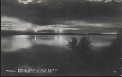 Pitkäjärvi, Espoo, Finnland - Mitternachtssonne Komposit RP Postkarte, um 1950