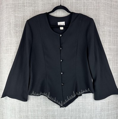 DOLCE Jacket Womens XL Black Collarless Single-Breasted Rhinestone Lined
