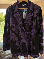 NWT Chicos Purple Black Floral Knit Blazer Jacket Double Breasted Size 1 M