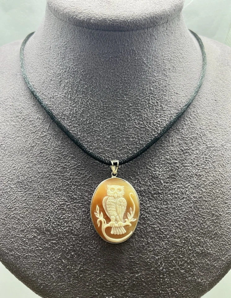 Ciondolo Cammeo Gufo Inciso A Mano Su Corniola-Argento 925-Amuleto Di Saggezza - Immagine 4 di 4