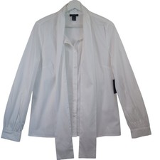Halogen White Long Sleeve Button Front Bow Ti...