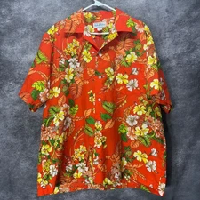 Vintage 70s Hukilau Fashions Hawaiian Shirt Mens XL Orange Floral Aloha Hibiscus