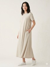 NWT UNIQLO Women AIRism Cotton T-Shirt Dress Short Sleeve A-Line Beige SzL Japan