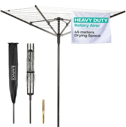 LIVIVO Rotary Clothes Airer 45m 4 Arm Washing Line Outdoor with Cover Spike