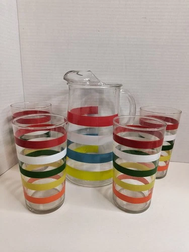 Vintage Anchor Hocking "Fiesta" Striped Pitcher and 4 Tumbler Glasses