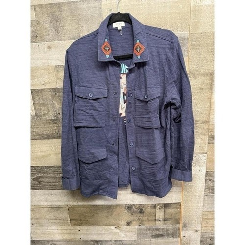 Umgee Shirt Jacket Button Front Women Small Blue Southwestern Embroidered