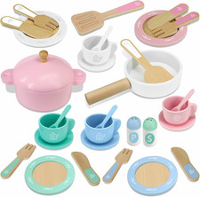 Wooden Toy Plates and Dishes for Kitchen Set, 30PCS Montessori Play Kitchen Acce