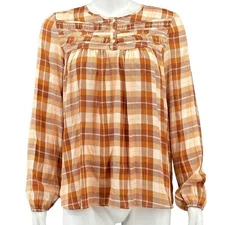 Lauren Conrad Top Womens Small Tan Plaid Satiny Sheer Fall Western Country Boho