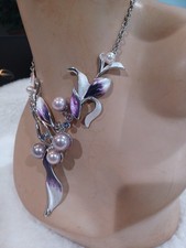 Stunning Necklace Purple Cream Enamel Leaf Faux Pearl Rhinestones Floral Women