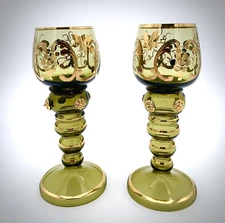2 Vintage German Olive Green Glass Roemers: Hand Painted Gold Designs & Prunts