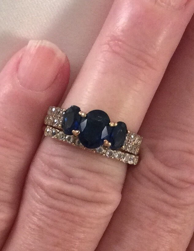 Joyería de colección anillo de oro conjunto doble zafiros blancos azules joyas decorativas antiguas Foto 2 de 4