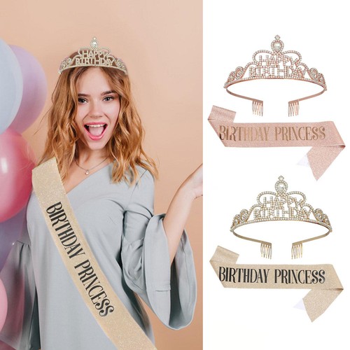 Birthday Tiara Rhinestone Headband Crown Tiara Sash Party Girl Women Gift