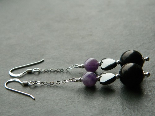 Shungite, Amethyst & Hematite Gemstones & Sterling Silver EMF Sensitive Earrings - Picture 9 of 12