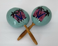 VTG Wood Maraca Musical Shakers Florida Hand Painted Wooden Maracas Turquoise