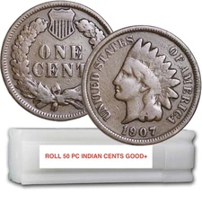 ROLL OF 50 MIXED GOOD+ INDIAN HEAD CENT PENNIES IN PLASTIC TUBE