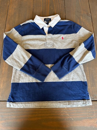 Ralph Lauren Boys Rugby Striped Shirt NVY Size 10-12 Preppy Sports Small Flaw