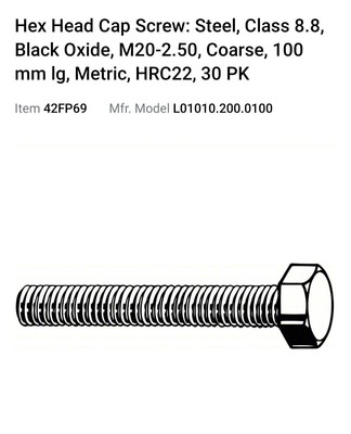 Hex Head Cap Screw: Steel, Class 8.8,Black Oxide, M20-2.50, Coarse, 100mm Ig 30 