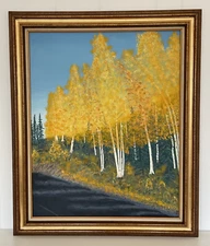 Vintage Wooded Autumn Landscape Painting 30x36 " Birch Trees