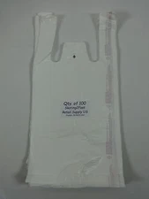 100 Qty. White Plastic T-Shirt Retail Shopping Bags w/ Handles 8" x 5" x 16" Sm