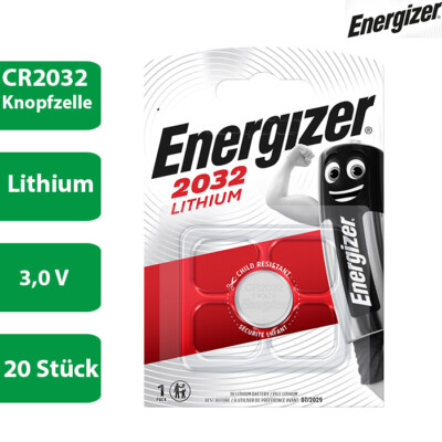20 x Energizer CR 2032 3V Batterie Lithium Knopfzelle DL2032 im Blister 240mAh