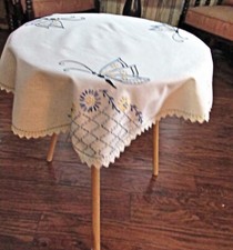 Vtg Table Topper 32" Round Handmade Lace Embroidered Butterflies Black Peach Blu