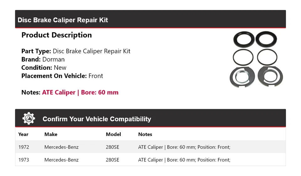 For 1972-1973 Mercedes-Benz 280SE Dorman Disc Brake Caliper Repair Kit Front - Image 2 of 4