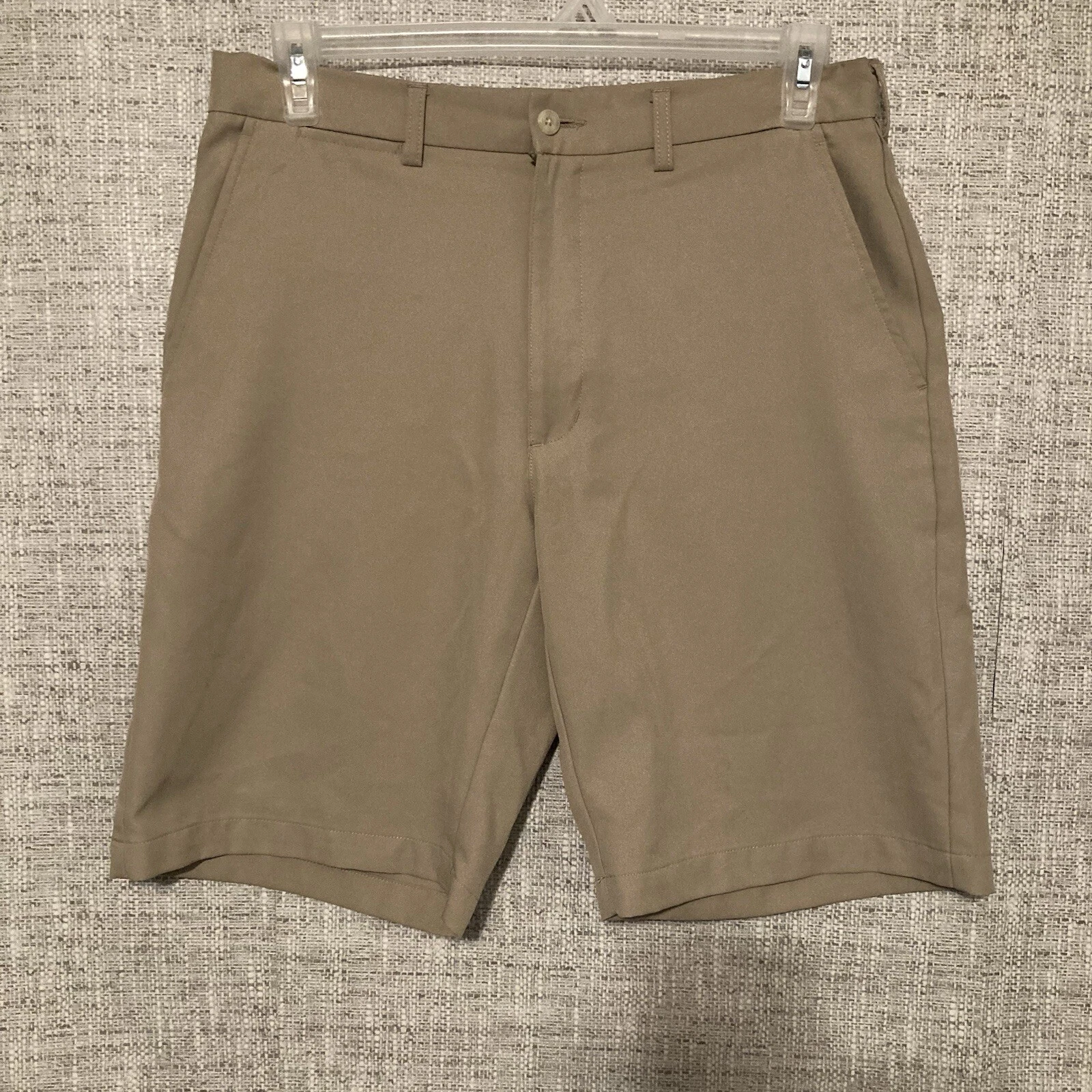 Ben Hogan Flat Front Golf Shorts Men's Size 32 Brown Beige With Button/Zip Fly.