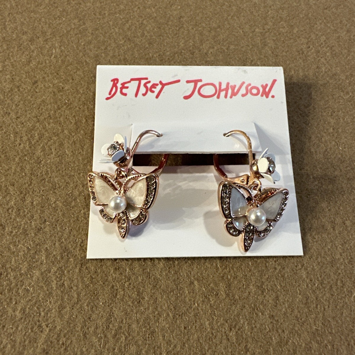 Betsey Johnson Gold Tone Butterfly Earrings Crystal Accents