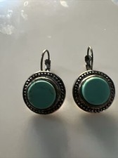 Round Turquoise like Earrings Silver Tone Base pierced