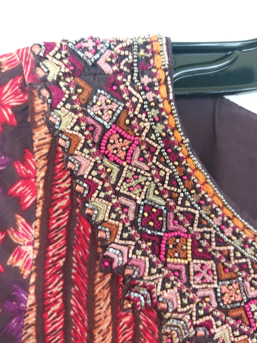 Ritu Kumar Maxi Dress w/ Beaded Collar, Size Small, Orange Pink Purple - Picture 9 of 21