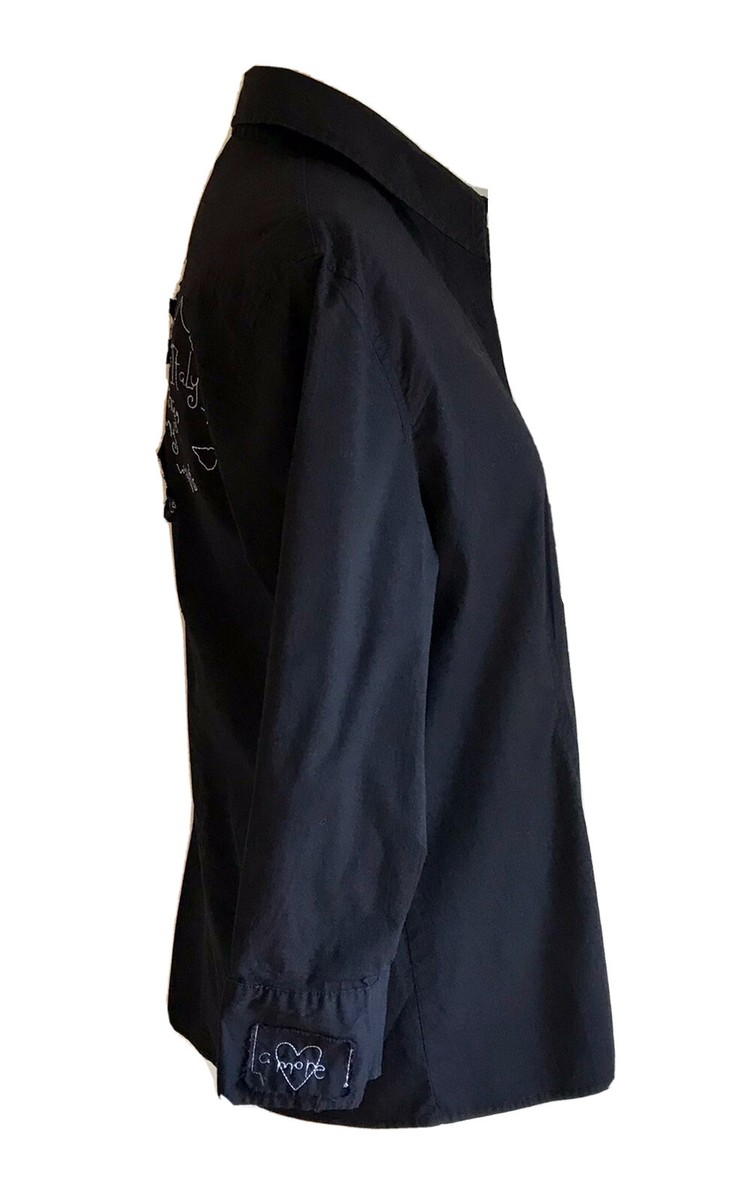 Chicos Black Appliqué Italy Shirt Top Artsy Embroidered Button 