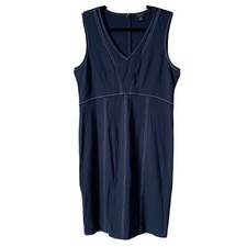 Ann Taylor Factory Dress Navy Blue, White Stitching, Sleeveless Sz 10 Stretch