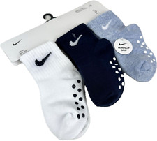 Nike Toddler 3 Pk White Blue Ankle Cotton Swoosh Logo Gripper Sock Set Sz 2-4 Yr