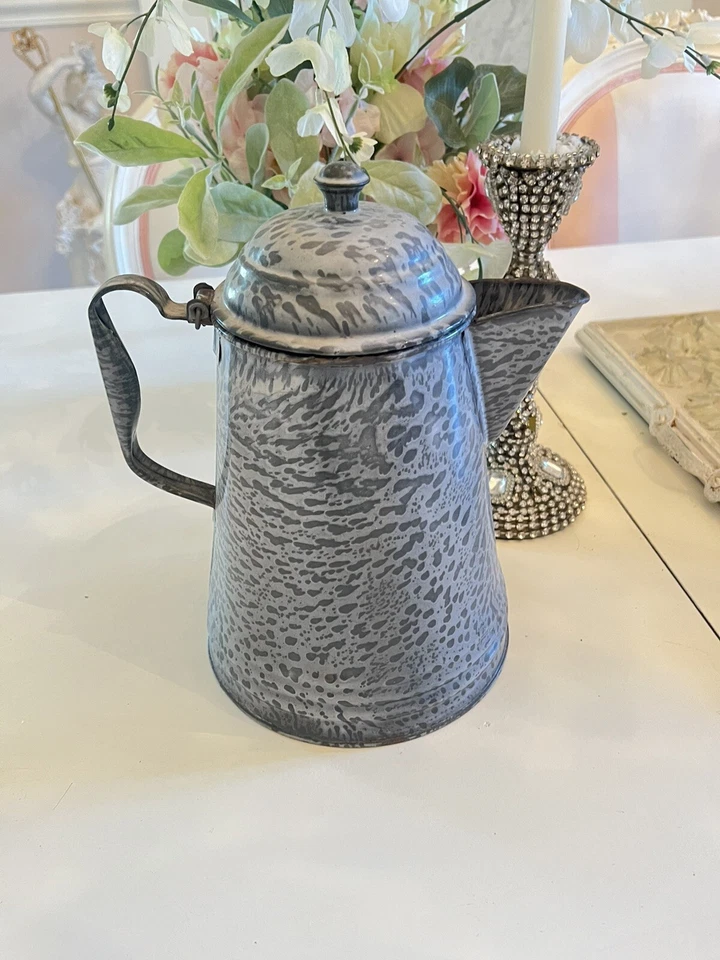 Antique Pitcher GRAY ENAMEL Pattern METAL HINGED LID Handle Enamelware - Image 2 of 4