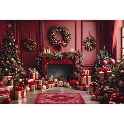 Christmas Fireplace Photography Backdrops Interior Xmas Tree Gifts PartyBackdrop - Picture 8 of 21
